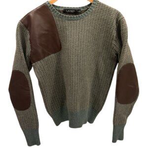 Ralph Lauren Faux-Leather-Trim Wool-Blend Sweater Green/Blue Color Block Sz S/P